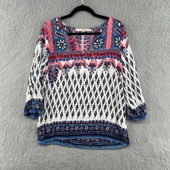 STITCHFIX FUN2FUN Ohio Split Neck Blouse Top Size Large Boho Aztec Printed - Picture 2 of 12
